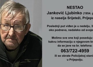 Nestao Janković Ljubinko iz naselja Srijeteži